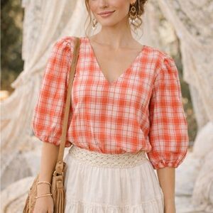Boho Plaid Puff Sleeve Blouse | Coral & White | Cottagecore Chic Top